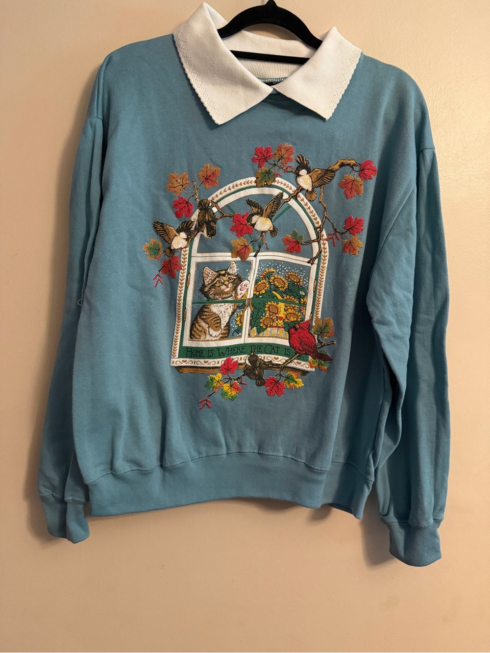 Vintage Blue Embroidered Cat Window Sweater with White Collar